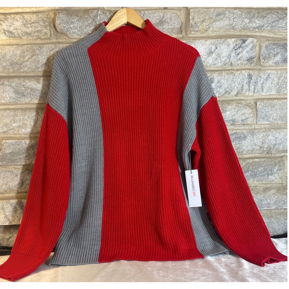 Liz Claiborne Womens Red Grey Colorblock Mock Neck Ribbed Sweater Size L NWT